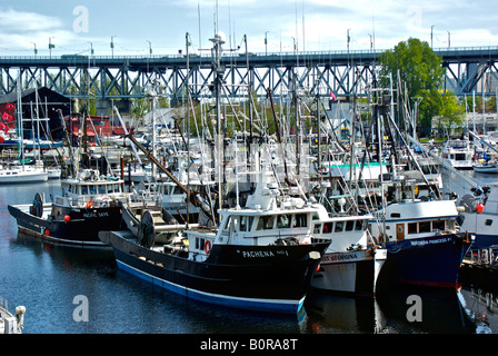 Britisch-Kolumbien kommerziellen Fischerboote gefesselt an den Docks der Regierung in einer Marina in Vancouvers False Creek. Stockfoto