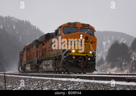 BNSF Güterzug dampft durch die Rocky Mountains während eines Schneesturms kalten Winter. Stockfoto