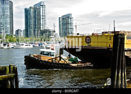 Schlepper Crewman ein Schiff im Hafen von Vancouver False Creek Trosse zuweisen. Stockfoto