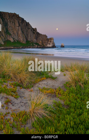 Full Moon setzt im Morgengrauen neben Morro Rock von den Sanddünen an Coleman Park Morro Bay, Kalifornien Stockfoto