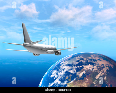 Flugzeug im blauen Himmel über der Erde. Stockfoto