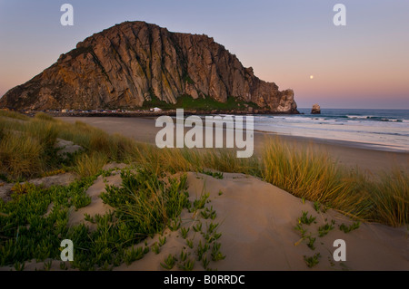 Full Moon setzt im Morgengrauen neben Morro Rock von den Sanddünen an Coleman Park Morro Bay, Kalifornien Stockfoto