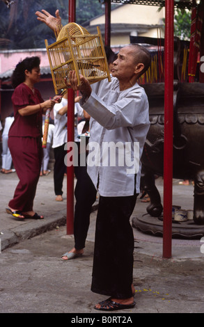 Buddhistische Nonne Freigabe im Käfig Vogel für bessere Karma. Ho Chi Minh Stadt (Saigon). Vietnam. Stockfoto