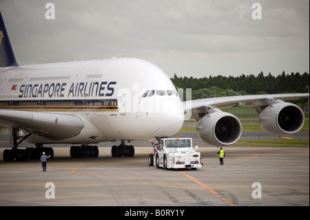 Erster Besuch des neuen Airbus A380 Verkehrsflugzeug betrieben von Singapore Airlines zum Flughafen Narita in Tokio 20.05.2008 Stockfoto