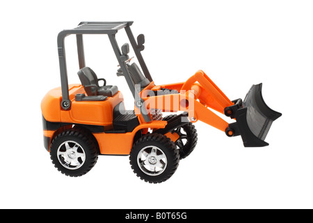 Spielzeugmodell Erdbau Planierraupe Traktors auf weißem Hintergrund Stockfoto