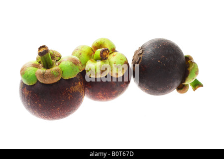 Frische Mangostanfrüchte auf weißem Hintergrund Stockfoto