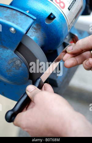 Mann schärfen ein KÜCHENMESSER MIT EINER SCHLEIFSCHEIBE DURCH EINEN ELEKTROMOTOR MIT STROM VERSORGT Stockfoto