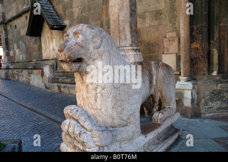 Stein-Löwen bewachen die Kathedrale in der stilvollen Stadt Bozen in der italienischen Tirol in Norditalien Stockfoto