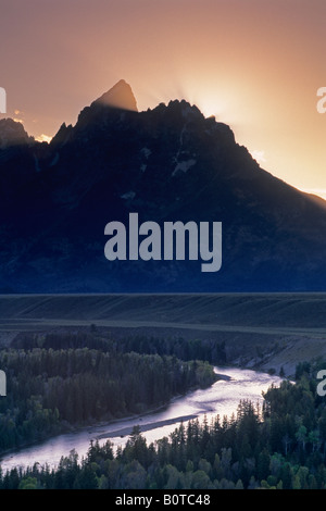 Sonnenuntergang über die Grand Teton Berge aus der Schlange River mit Blick auf den Grand Teton National Park in WYOMING Stockfoto