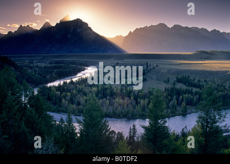Sonnenuntergang über die Grand Teton Berge aus der Schlange River mit Blick auf den Grand Teton National Park in WYOMING Stockfoto