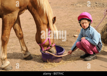 Fuchsstute von lila Eimer mit jungen Mädchen reiten Hut Essen Stockfoto