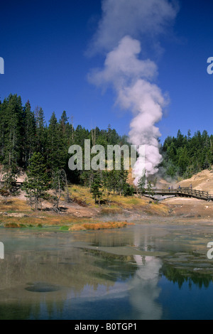 Touristen sehen Sie Dampf Schlamm Kessel Yellowstone-Nationalpark, WYOMING von Dragon s Mund Frühjahr ansteigen Stockfoto