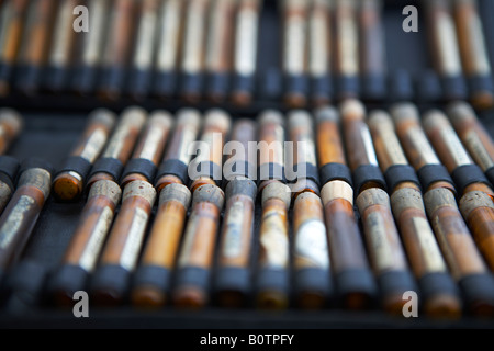 Alte Flaschen von homöopathischen Medikamenten in einer Reihe, Nahaufnahme Stockfoto