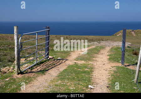 Metalltor mit Fahrzeugspuren zu Klippen und das Meer über Grünland Grafschaft Mayo Irland führt zu öffnen Stockfoto