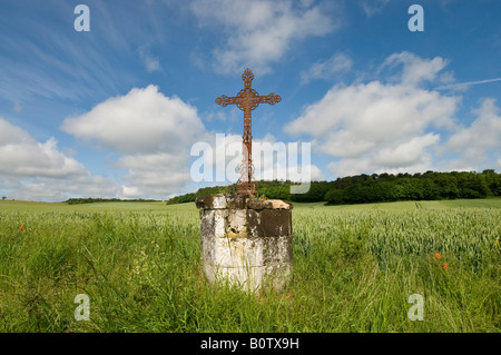 Kreuz am Straßenrand, Indre-et-Loire, Frankreich. Stockfoto