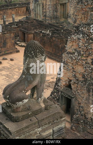 Geformten Löwen bewachen die Treppen bis zum Gipfel des Pre Rup Staatstempel von Rajendravarman 2. 10. c gebaut Stockfoto