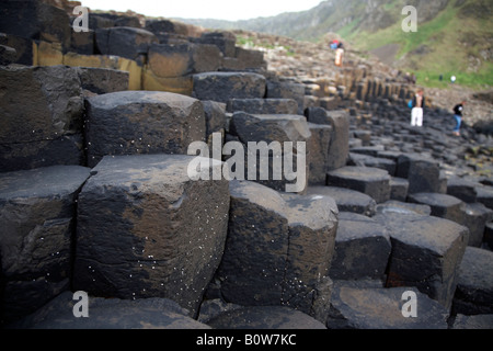 Touristen Wandern rund um die roten Basalt sechseckigen Felsformationen am Giants Causeway Grafschaft Antrim Nordirland Vereinigtes Königreich Stockfoto