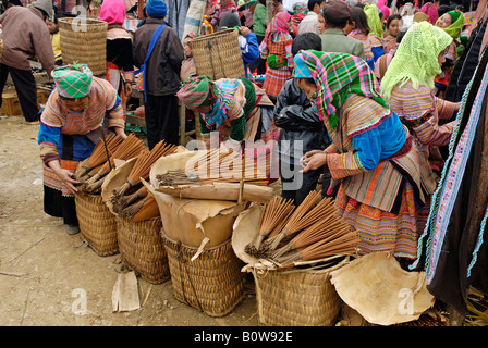 Flower Hmong Frauen, Bac Ha Markt, Ha Giang Provinz, Nord-Vietnam, Südostasien Stockfoto