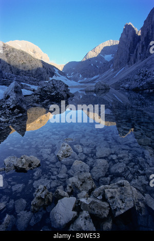 Bergsee im Rosengarten, Rosengarten Gruppe, Antermoia-See, Lago di Antermoia, Latemar, Provinz von Bolzano-Bozen, Italien Stockfoto