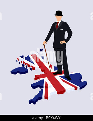 Stereotypen britischen Gentleman stehen auf eine britische Flagge in der Form von Großbritannien Stockfoto