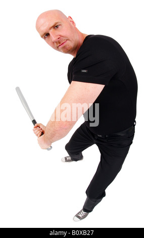 Leitung Glatzkopf fällt mit einem Baseballschläger Stockfoto