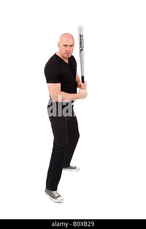 Leitung Glatzkopf mit Baseballschläger in seinen Händen schaut wütend in die Kamera Stockfoto