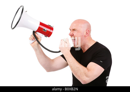 Leitung Glatzkopf brüllt in ein Megaphon Stockfoto