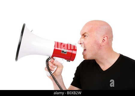 Leitung Glatzkopf brüllt in ein Megaphon Stockfoto