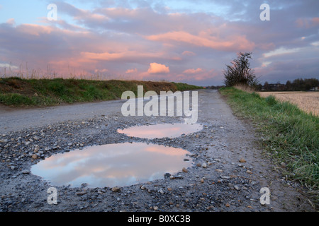 Landstraße im Bereich Landschaft bei Sonnenuntergang, Deutschland, Nordrhein-Westfalen Stockfoto