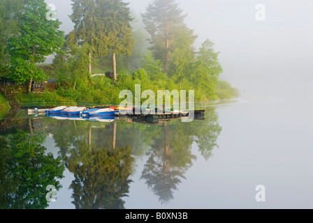 Deutschland, Schwarzenbach, Stausee mit Nebel Stockfoto