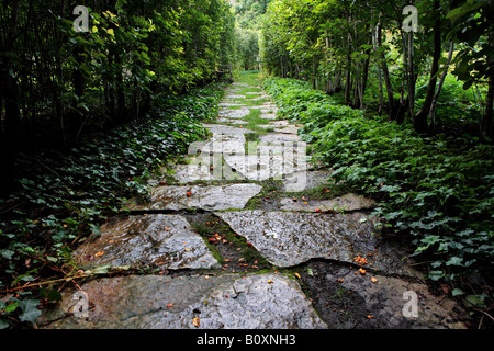 PFLASTERWEG IN SHAKESPEARE GARTEN ENTWORFEN VON JENS JENSEN UND 1915 IN DEN NÖRDLICHEN VORORT VON CHICAGO EVANSTON ILLINOIS GEGRÜNDET Stockfoto