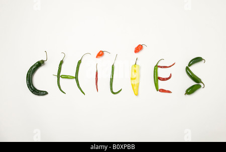 Das Wort Chilis mit verschiedenen Chili Peppers ausgeschrieben Stockfoto