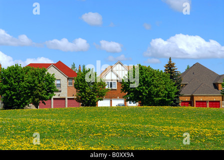 Gehobene Wohnhäuser mit Blick auf den Park im Frühjahr Stockfoto