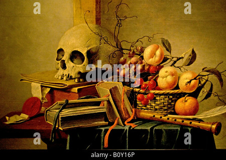 Vanitas Stilleben mit Totenkopf-Bücher und Obst 1630 Harmen Steenwijck 1612 1666 Niederlande Holland Niederlande Stockfoto