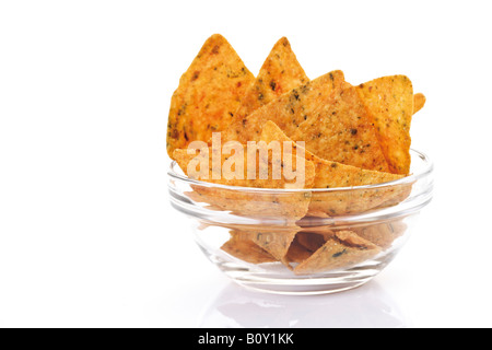 Nachos in Glasschale Stockfoto