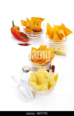 Nachos in Glasschalen Stockfoto