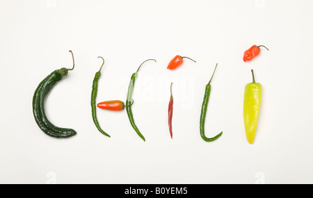 Das Wort buchstabiert Chili, mit einer Vielzahl von Chilischoten Stockfoto