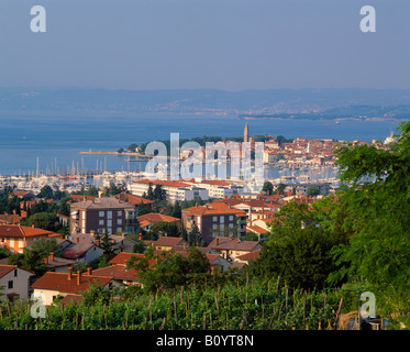 Blick über den Hafen und die Stadt Izola, Primorska, Slowenien. Stockfoto