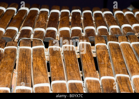 Balafon Konstruktionsdetail, die diese Balafon aus Holz und Schnur entlang traditionellen Linien wie in Guinea Conakry aufgebaut ist Stockfoto