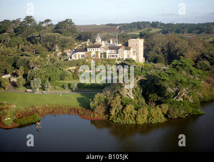 Tresco Abbey gesehen bei der Landung auf dem Heliport, Tresco Insel Scilly Isles UK. Stockfoto