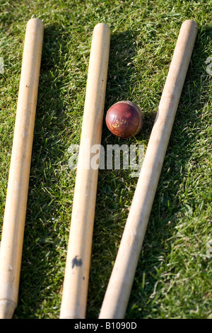 Cricket Stümpfe und Ball liegen auf dem Boden Stockfoto