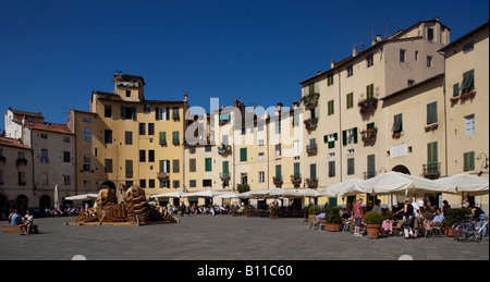 Lucca, Piazza Anfiteatro, Mittelalterliche Wohnhäuser in Einems beendigt Amphittheater Stockfoto