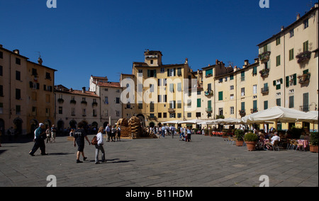 Lucca, Piazza Anfiteatro, Mittelalterliche Wohnhäuser in Einems beendigt Amphittheater Stockfoto