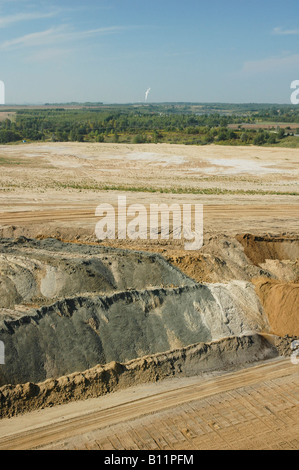 Blick aus einem 60m hohen Seilbagger über Berge von Abraum in einer Braunkohle-Oberfläche mine in der Nähe von Profen, Leipzig, DDR Stockfoto