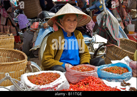 Alte Frau Chilischoten Bac Ha Sonntag Markt Nordvietnam zu verkaufen Stockfoto