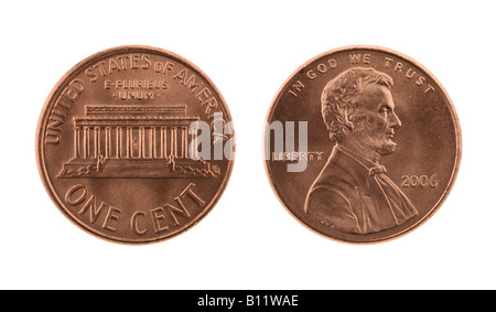 USA ein US-Cent-Münze isoliert auf weiss - Vorder- und Rückseite Stockfoto