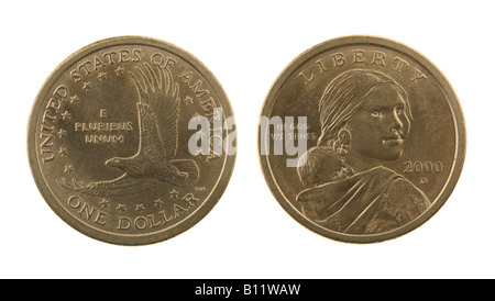 US Sacagawea Dollar Münze isoliert auf weiss - Vorder- und Rückseite Stockfoto