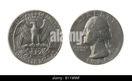Ein Viertel der US Münze 25 Cent isoliert auf weiss - Vorder- und Rückseite Stockfoto