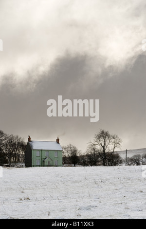 Grünes Haus im Schnee Stockfoto