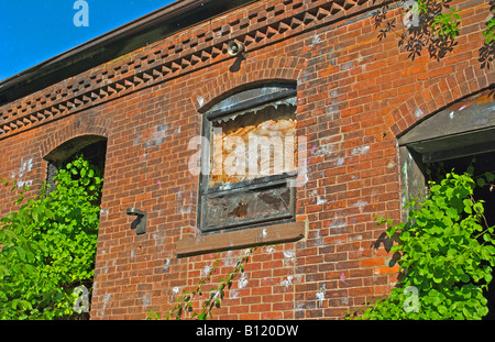 verlassen die alten Fabrikgebäude, das jetzt seine verbraucht von der Natur und ihren grünen niedergebrannt wurde. Stockfoto